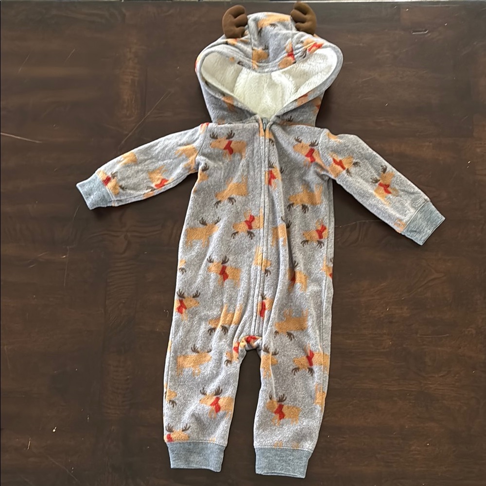 Carter's Gray and Brown Hooded Baby Onesie with Deer Print